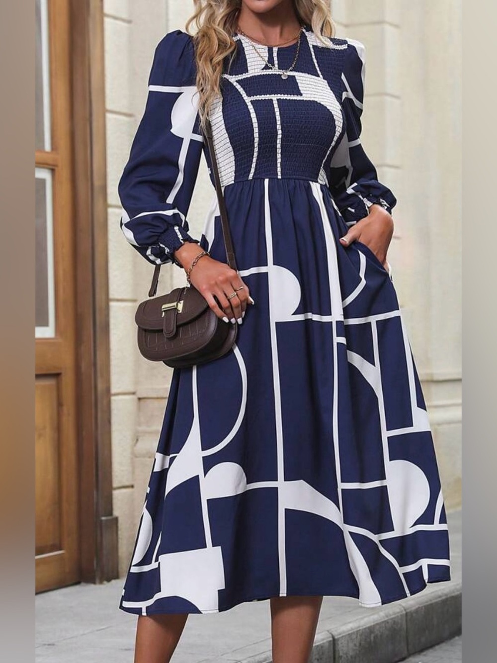 SHEIN Navy and White Geometric Smocked Midi Dress w/pockets